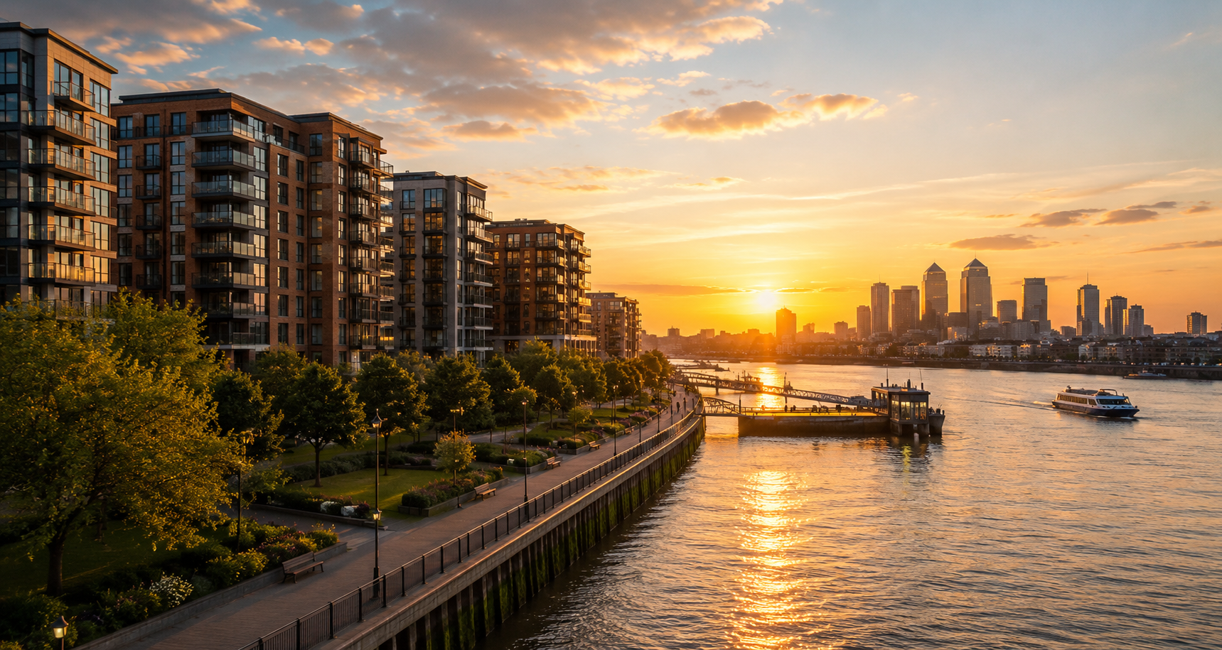 Royal Arsenal at golden hour, with the Thames and Canary Wharf in the distance
